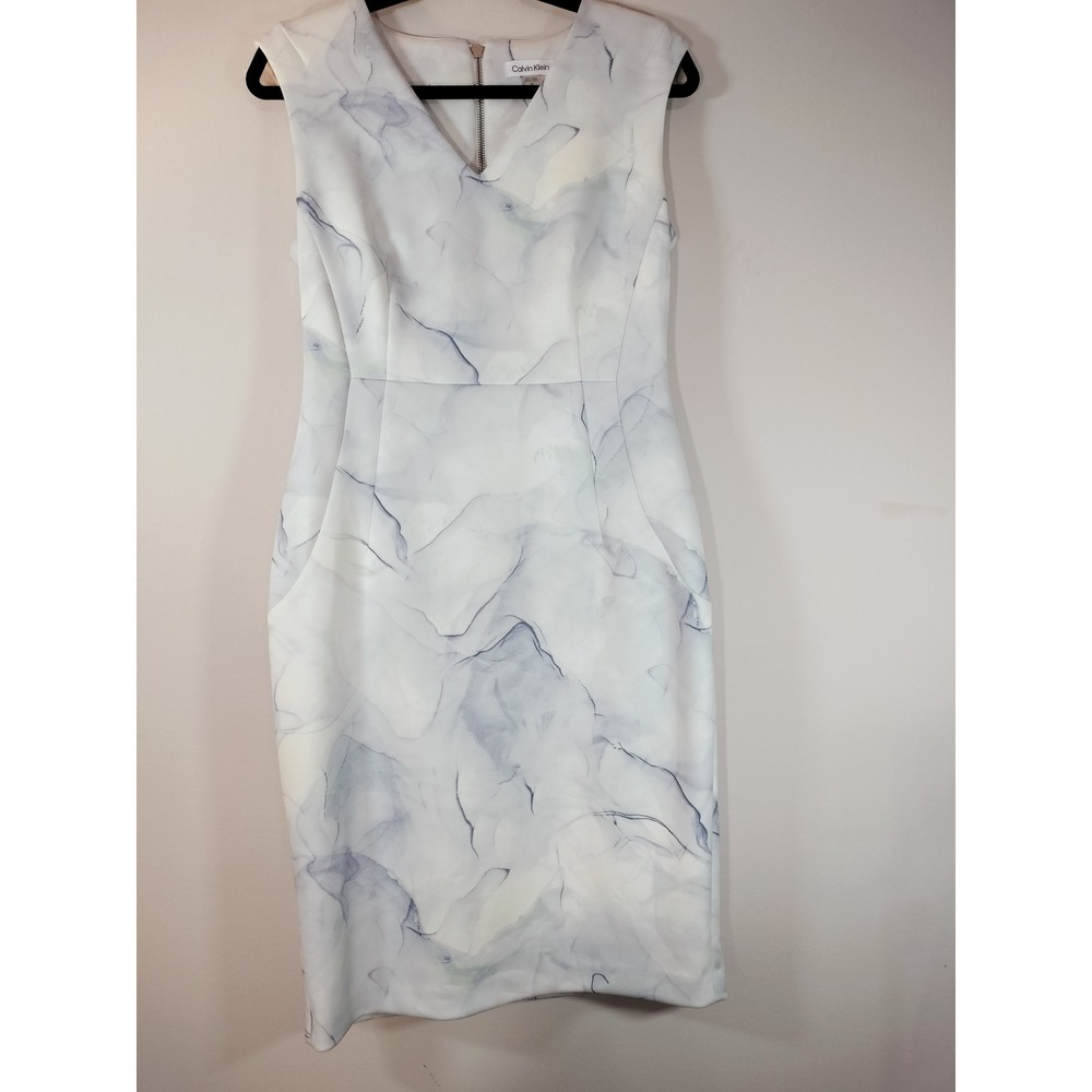 Calvin Klein Womens Marble Print V-Neck Sheath Dress White Blue